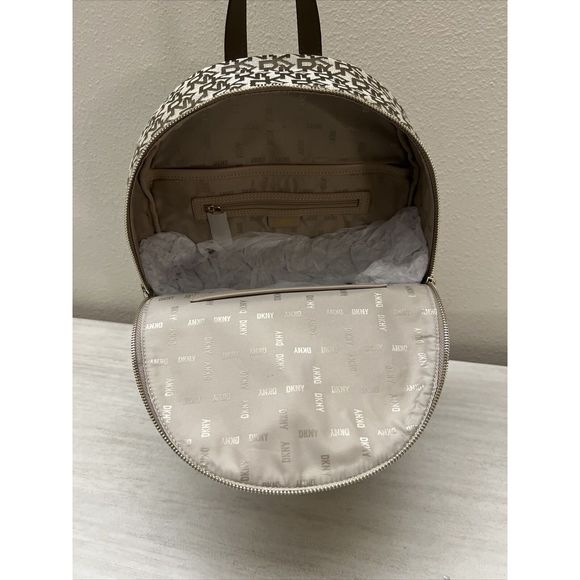 DKNY Carlita Large Backpack Brown/Beige Signature Jacquard W/Gold Hardware - Picture 7 of 11